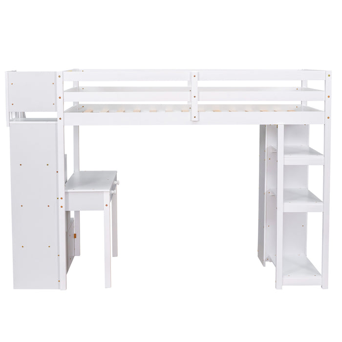 GFD Home - Twin size Loft Bed with Storage Drawers ,Desk and Stairs, Wooden Loft Bed with Shelves - White - GreatFurnitureDeal