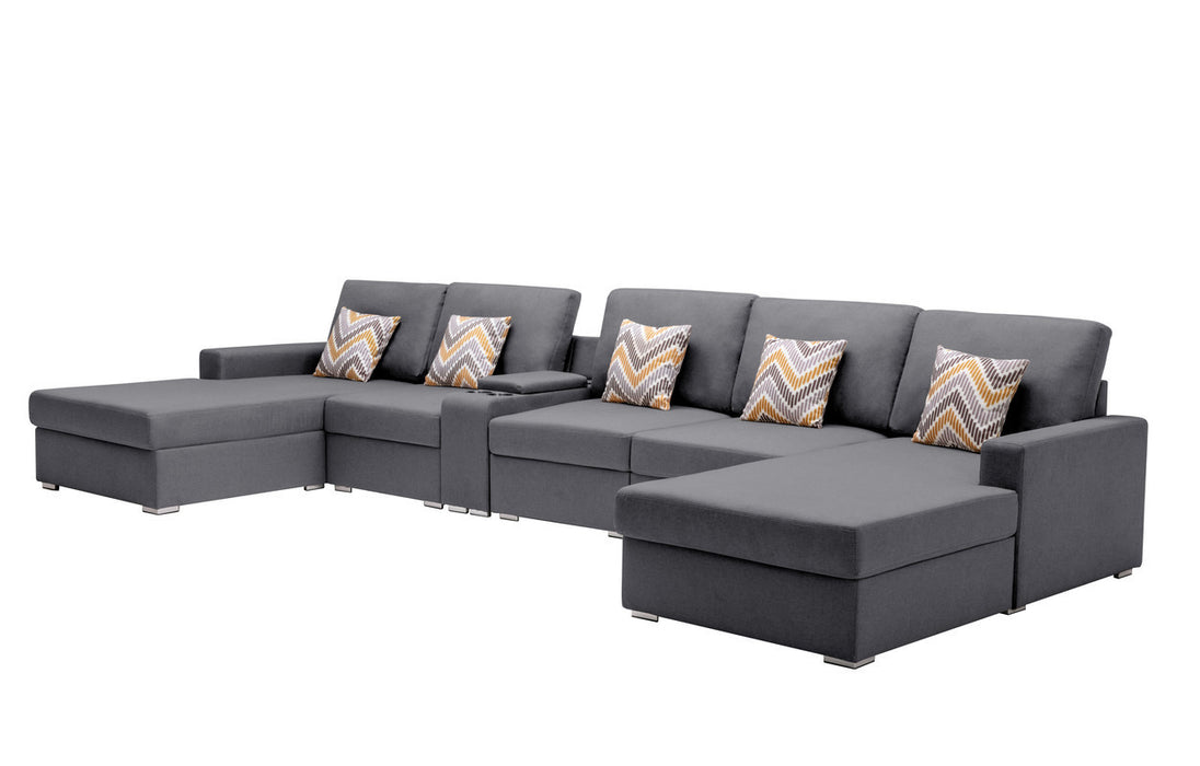 GFD Home - Nolan Gray Linen Fabric 6Pc Double Chaise Sectional Sofa with Interchangeable Legs, a USB, Charging Ports, Cupholders, Storage Console Table and Pillows - GreatFurnitureDeal