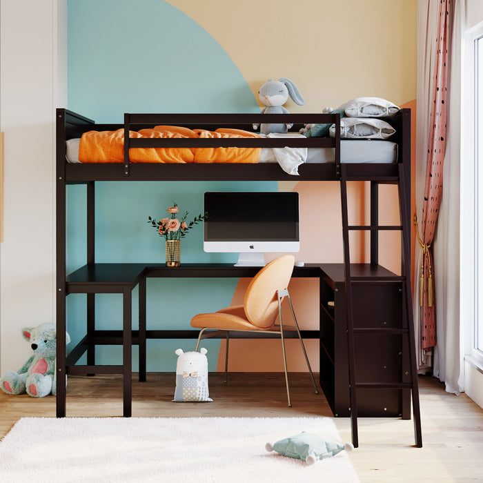 GFD Home - Full size Loft Bed with Shelves and Desk, Wooden Loft Bed with Desk - Espresso - GreatFurnitureDeal