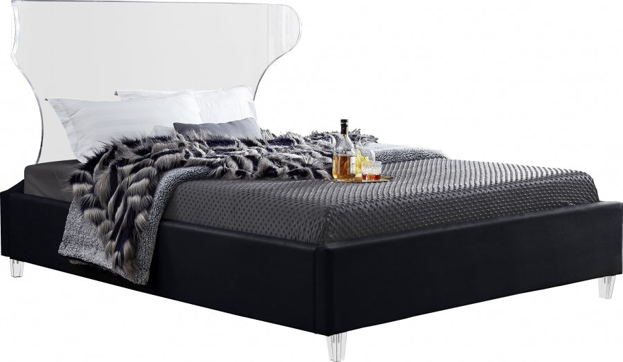 Meridian Furniture - Ghost Velvet Queen Bed in Black - GhostBlack-Q - GreatFurnitureDeal