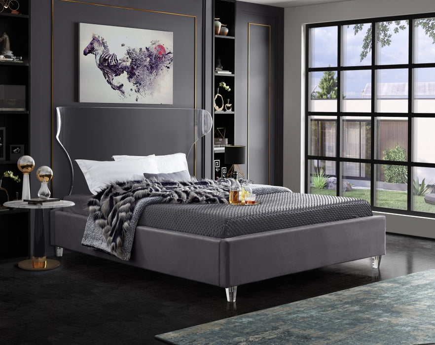 Meridian Furniture - Ghost Velvet Queen Bed in Grey - GhostGrey-Q - GreatFurnitureDeal