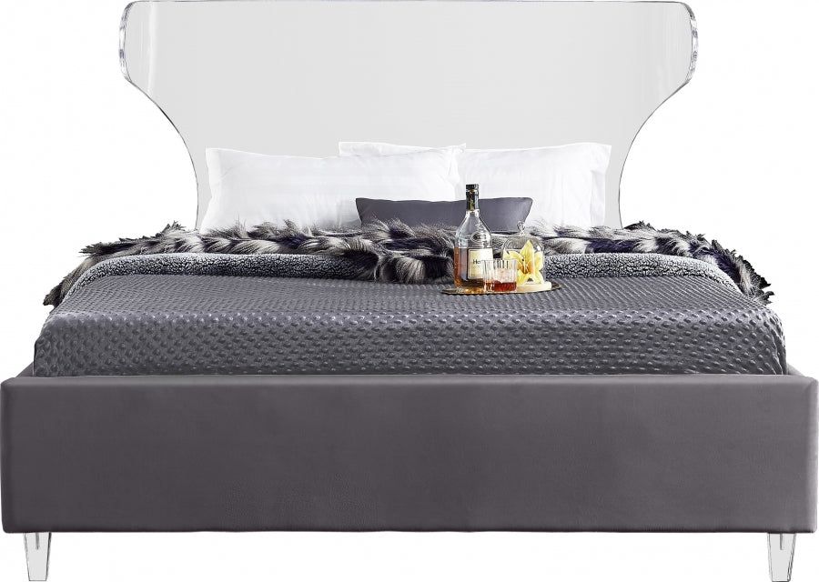 Meridian Furniture - Ghost Velvet Queen Bed in Grey - GhostGrey-Q - GreatFurnitureDeal