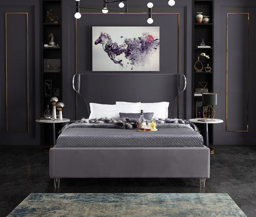 Meridian Furniture - Ghost Velvet Queen Bed in Grey - GhostGrey-Q - GreatFurnitureDeal