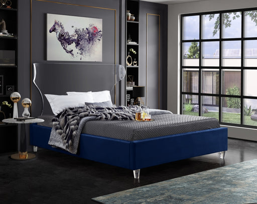 Meridian Furniture - Ghost Velvet Queen Bed in Navy - GhostNavy-Q - GreatFurnitureDeal