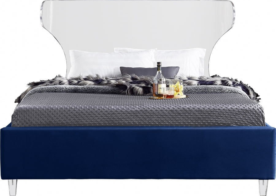 Meridian Furniture - Ghost Velvet Queen Bed in Navy - GhostNavy-Q - GreatFurnitureDeal