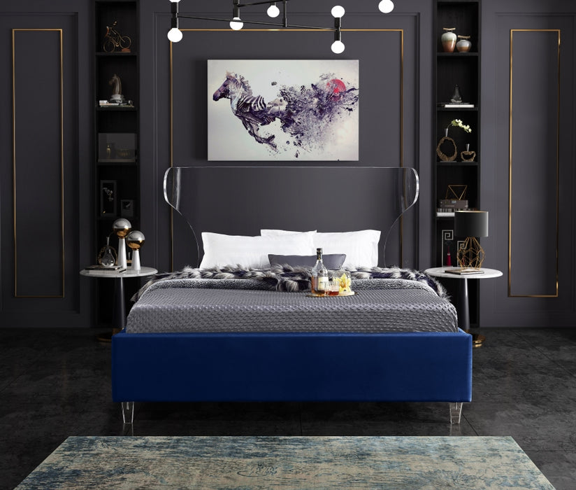 Meridian Furniture - Ghost Velvet Queen Bed in Navy - GhostNavy-Q - GreatFurnitureDeal
