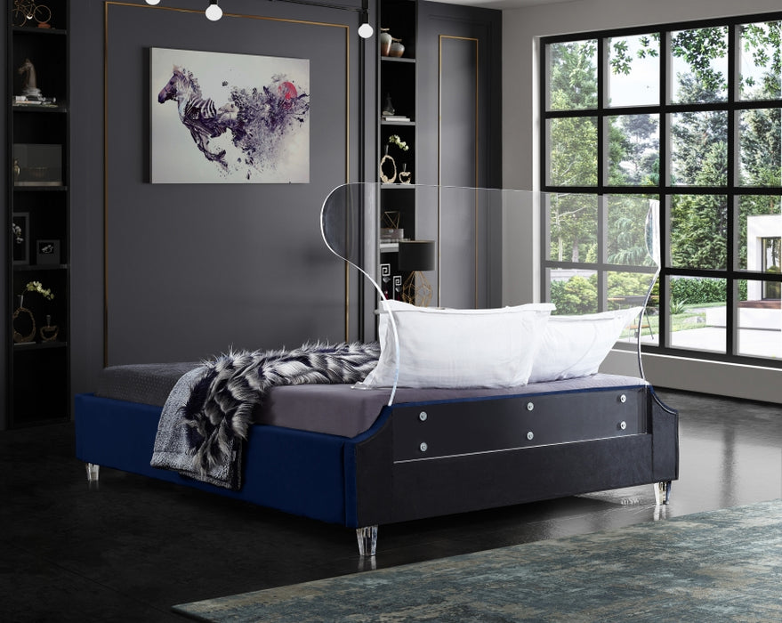 Meridian Furniture - Ghost Velvet Queen Bed in Navy - GhostNavy-Q - GreatFurnitureDeal