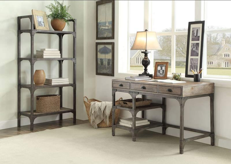 Acme Furniture - Gorden Weathered Oak & Antique Silver Desk with Bookshelf - 92325-27 - GreatFurnitureDeal