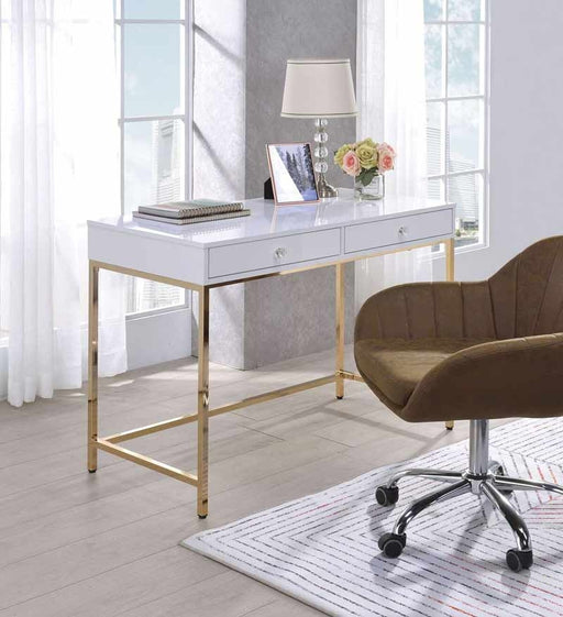 Acme Furniture - Ottey White High Gloss & Gold Desk - 92540