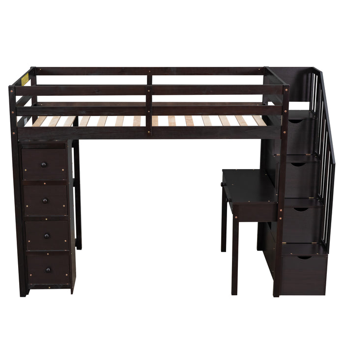 GFD Home - Twin size Loft Bed with Storage Drawers ,Desk and Stairs, Wooden Loft Bed with Shelves - Espresso - GreatFurnitureDeal