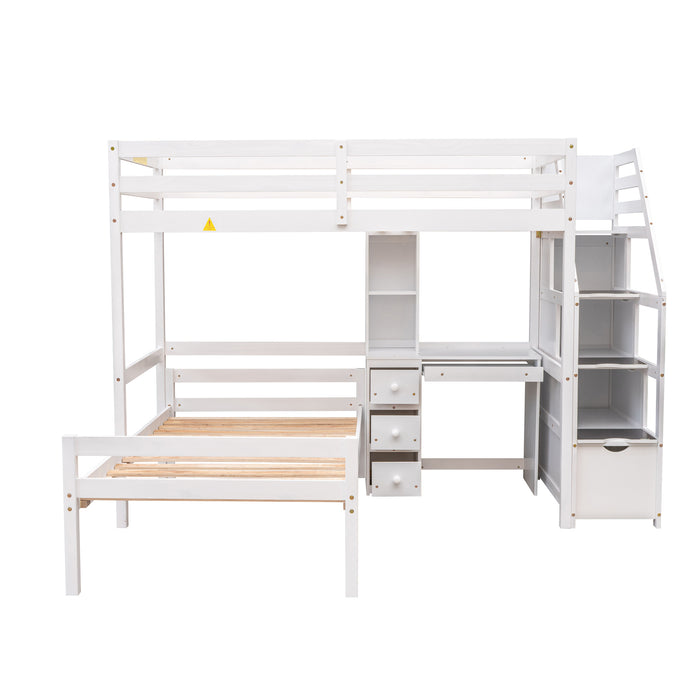 GFD Home - Twin Size Loft Bed with a Stand-alone Bed, Storage Staircase, Desk, Shelves and Drawers, White - GreatFurnitureDeal