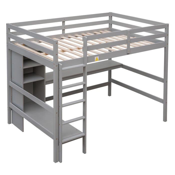 GFD Home - Full Size Loft Bed with Multifunction Shelves and Under-bed Desk, Gray - GreatFurnitureDeal