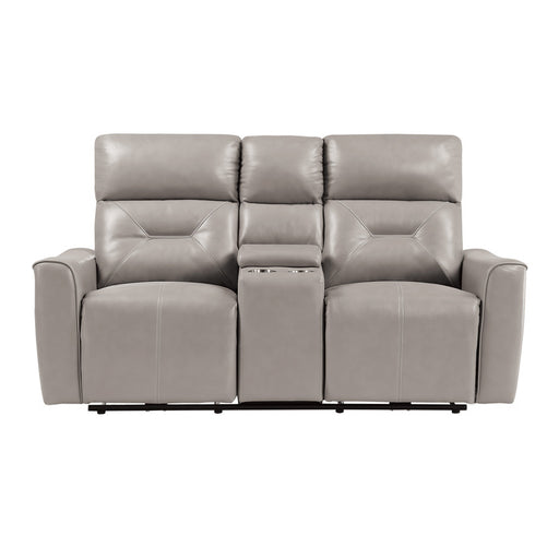 Homelegance - Burwell Power Double Reclining Love Seat with Center Console and USB ports in Light Gray - 9446CB-2PW - GreatFurnitureDeal