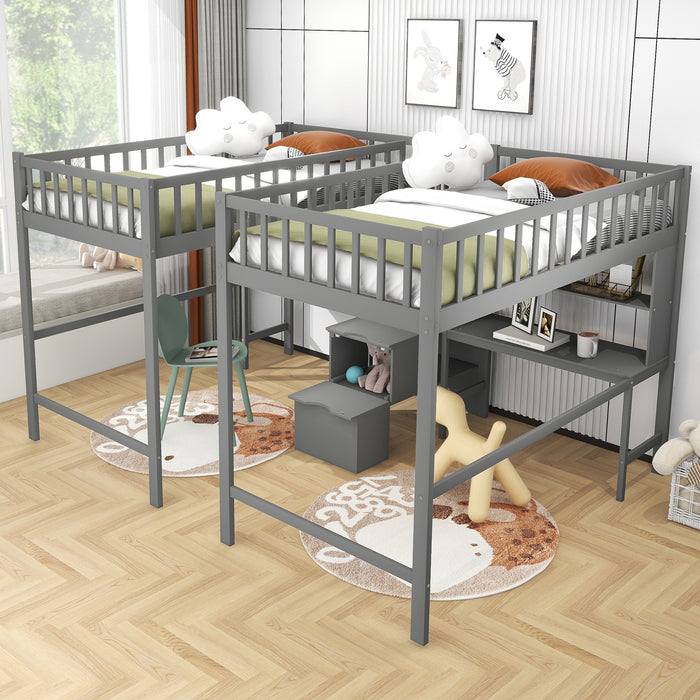 GFD Home - Twin & Twin Size Loft Bed with 2 Built-in Desks and Shelves, Storage Staircase, Gray - GreatFurnitureDeal