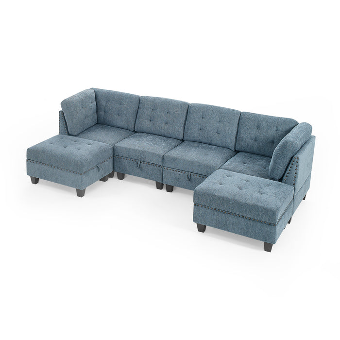 GFD Home - U shape Modular Sectional Sofa，DIY Combination，includes Two Single Chair ，Two Corner and Two Ottoman，Navy Chenille - GreatFurnitureDeal