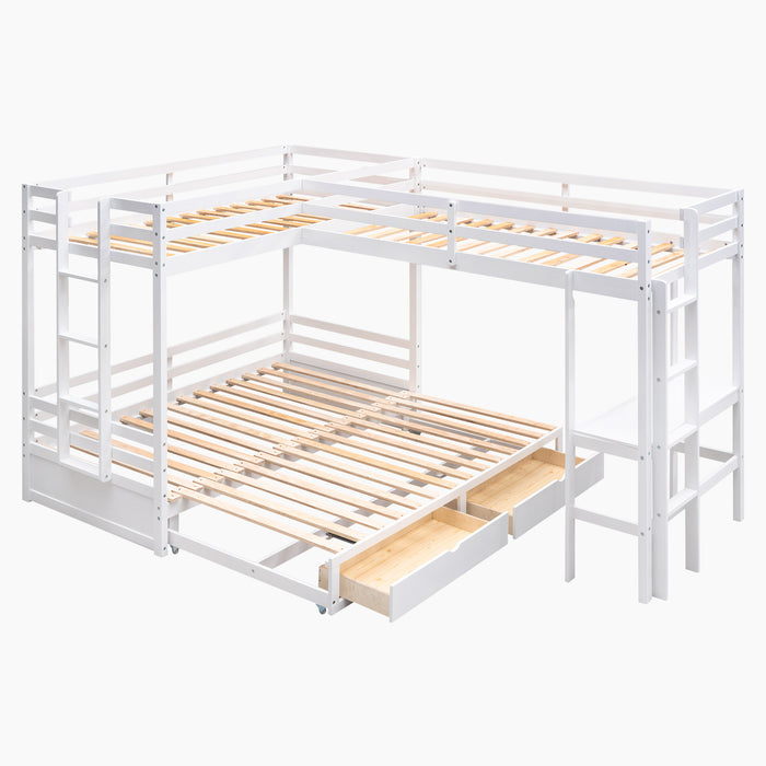 GFD Home - Twin over Twin/King Size L-Shaped Bunk Bed with Built-in Desk and Two Drawers,White - GreatFurnitureDeal