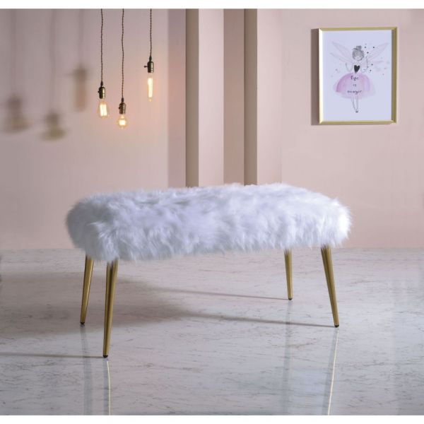 Acme Furniture - Bagley II White Faux Fur & Gold Bench - 96450 - GreatFurnitureDeal