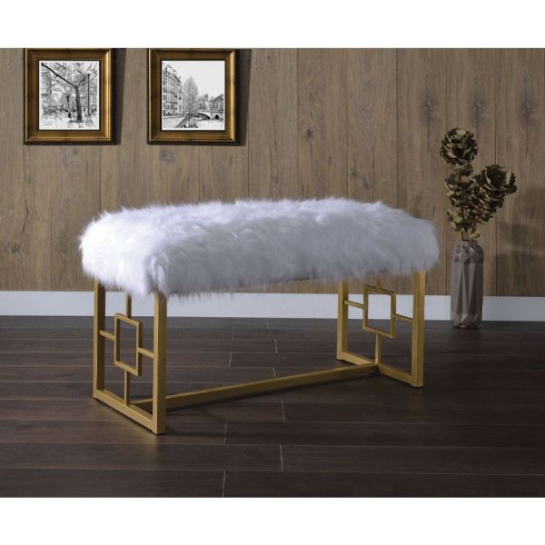 Acme Furniture - Bagley II White Faux Fur & Gold Bench - 96451
