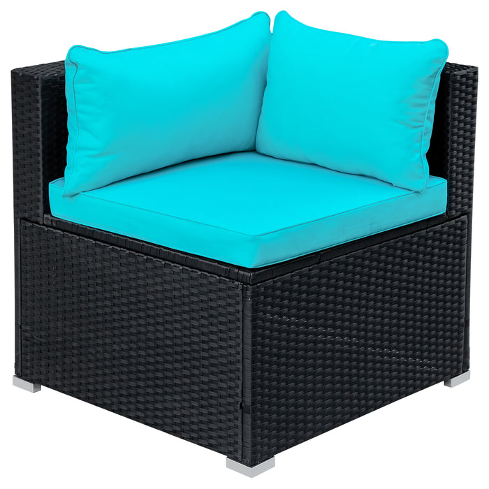 GFD Home - GO 9-piece Outdoor Patio PE Wicker Rattan conversation Sectional Sofa sets with 3 sofa, 3 corner sofa, 2 ottomans, and 1 glass coffee table, removable soft cushions (Black wicker, Blue cushion) - GreatFurnitureDeal