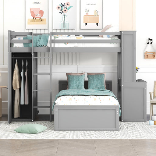 GFD Home - Twin size Loft Bed with a Stand-alone bed, Shelves,Desk,and Wardrobe-Gray - GreatFurnitureDeal