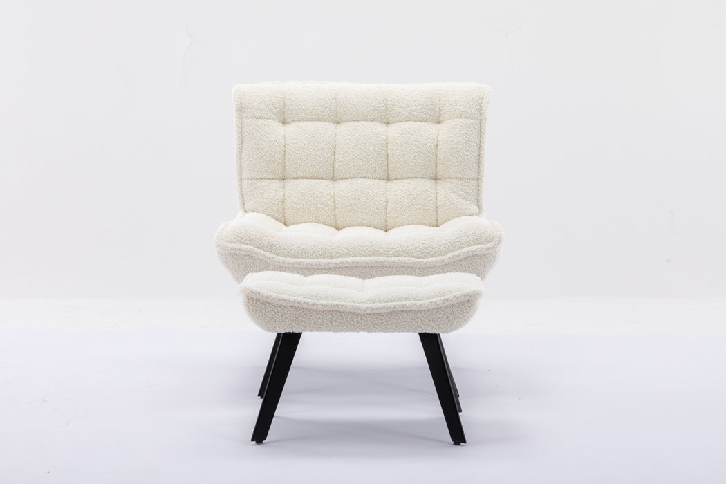 GFD HOME - Modern Soft Teddy Fabric Material Large Width Accent Chair Leisure Chair Armchair TV Chair Bedroom Chair With Ottoman Black Legs For Indoor Home And Living Room,White - GreatFurnitureDeal