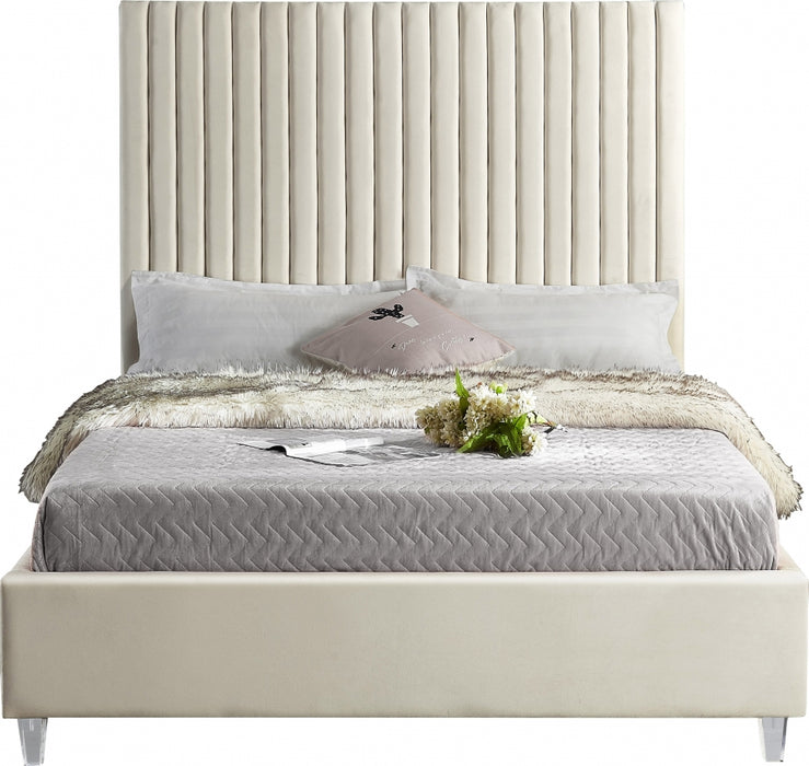 Meridian Furniture - Candace Velvet Queen Bed in Cream - CandaceCream-Q - GreatFurnitureDeal