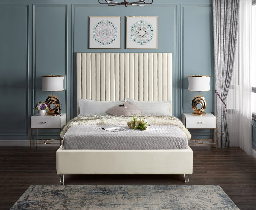 Meridian Furniture - Candace Velvet Queen Bed in Cream - CandaceCream-Q - GreatFurnitureDeal
