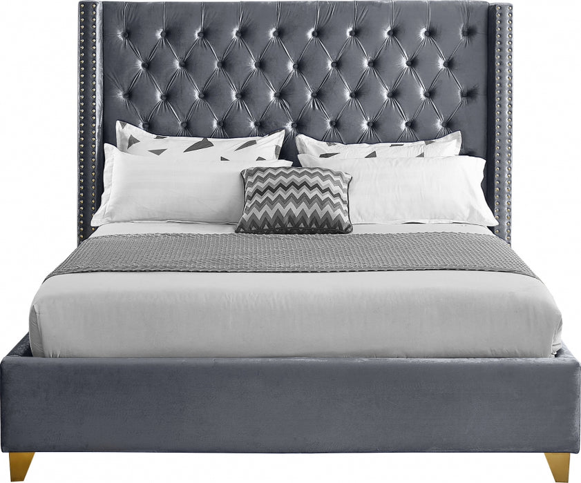 Meridian Furniture - Barolo Velvet Queen Bed in Grey - BaroloGrey-Q - GreatFurnitureDeal