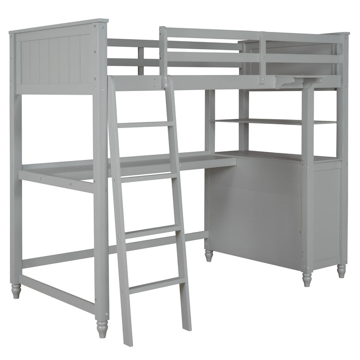 GFD Home - Twin size Loft Bed with Drawers and Desk, Wooden Loft Bed with Shelves - Gray(OLD SKU: LP000530AAE) - GreatFurnitureDeal