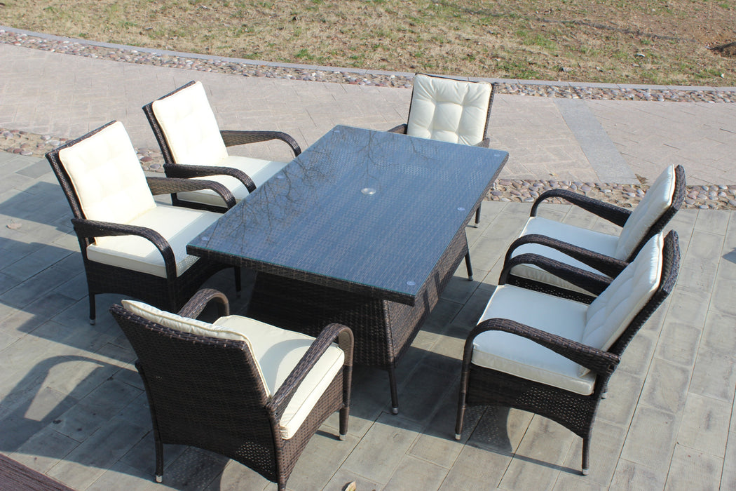 GFD Home - Patio 7-Piece Rectangular Dining Set with 6 Dining Chairs (Brown &Beige Cushion ) - GreatFurnitureDeal
