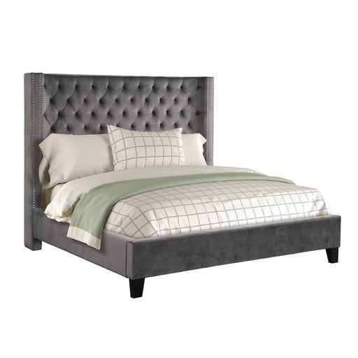 GFD Home - Galaxy Home Allen Tufted Velvet King Upholstered Bed in Gray - GreatFurnitureDeal