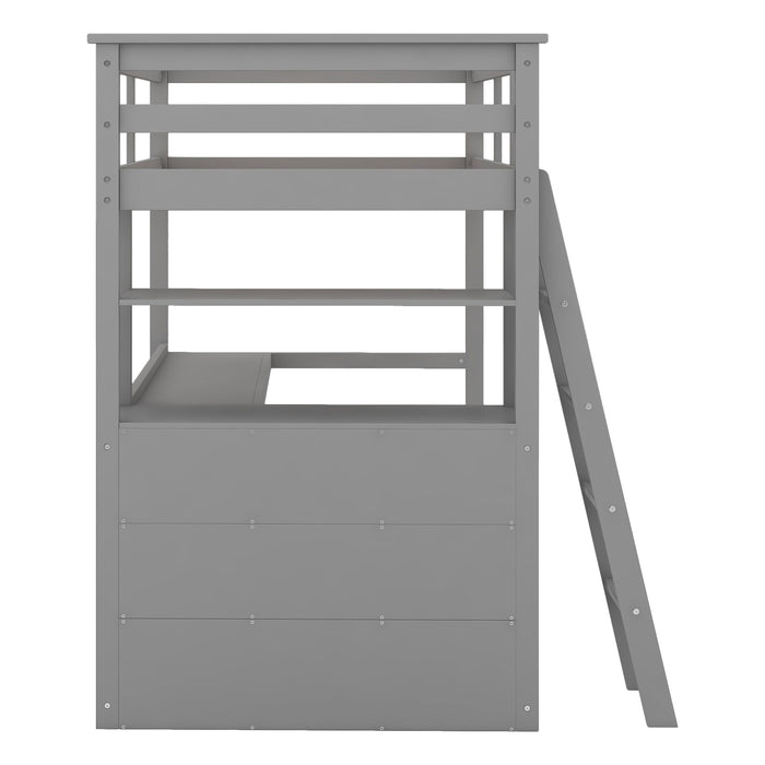 GFD Home - Twin Size Loft Bed with Desk and Shelves,Two Built-in Drawers,Gray(OLD SKU:GX000803AAE) - GreatFurnitureDeal