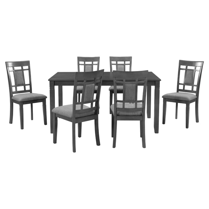 GFD Home - TOPMAX 7-Piece Farmhouse Rustic Wooden Dining Table Set Kitchen Furniture Set with 6 Padded Dining Chairs, Gray - GreatFurnitureDeal