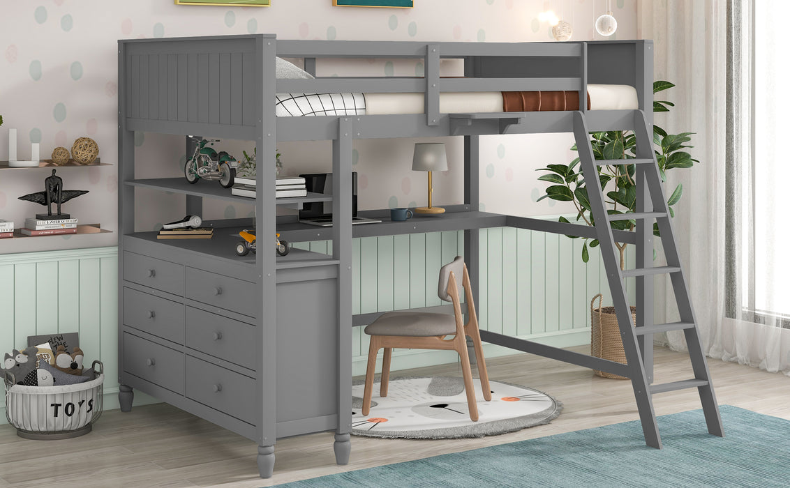 GFD Home - Full size Loft Bed with Drawers and Desk, Wooden Loft Bed with Shelves - Gray(OLD SKU:LT000529AAE) - GreatFurnitureDeal