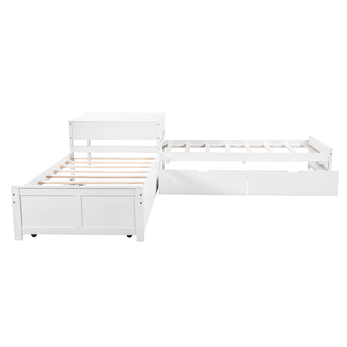 GFD Home - L-shaped Platform Bed with Trundle and Drawers Linked with built-in Desk,Twin,White - GreatFurnitureDeal