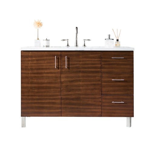 James Martin Furniture - Metropolitan 48" Single Vanity, American Walnut, w- 3 CM Eternal Jasmine Pearl Quartz Top - 850-V48-AWT-3EJP - GreatFurnitureDeal