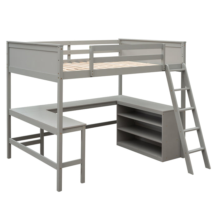 GFD Home - Full size Loft Bed with Shelves and Desk, Wooden Loft Bed with Desk - Gray - GreatFurnitureDeal