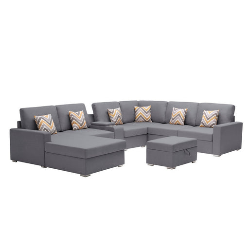 GFD Home - Nolan Gray Linen Fabric 8Pc Reversible Chaise Sectional Sofa with Interchangeable Legs, Pillows, Storage Ottoman, and a USB, Charging Ports, Cupholders, Storage Console Table - GreatFurnitureDeal