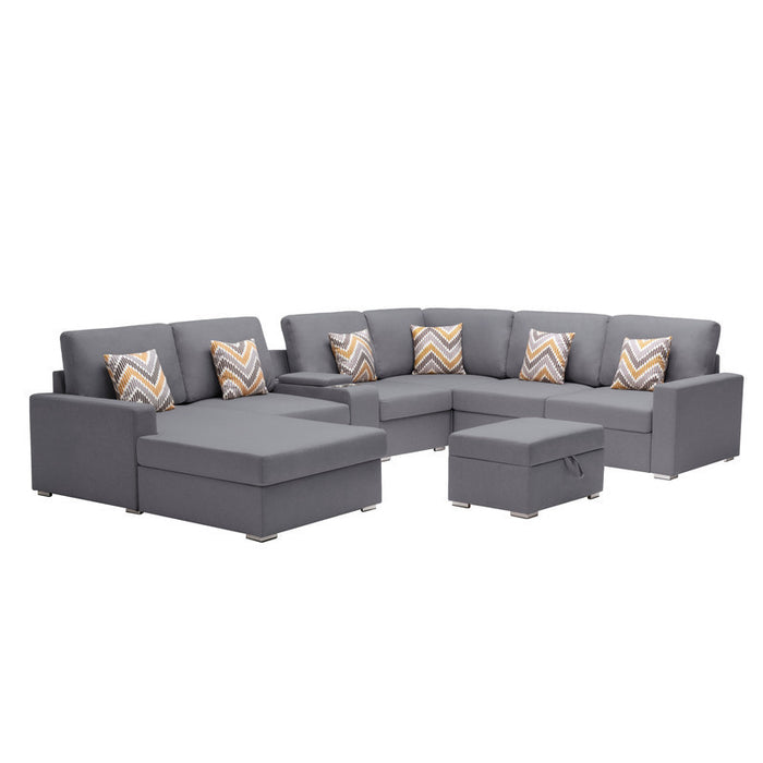 GFD Home - Nolan Gray Linen Fabric 8Pc Reversible Chaise Sectional Sofa with Interchangeable Legs, Pillows, Storage Ottoman, and a USB, Charging Ports, Cupholders, Storage Console Table - GreatFurnitureDeal