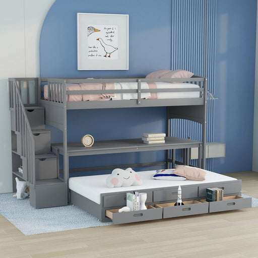 GFD Home - Stairway Twin XL Loft Bed with Twin Size Trundle and 3 Drawers, Storage, Desk, Gray - GreatFurnitureDeal