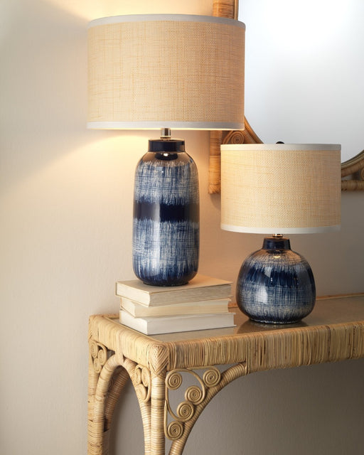 Jamie Young Company - Small Batik Table Lamp in Indigo Ceramic with Small Drum Shade in White Linen - 9BATIKSM131S - GreatFurnitureDeal