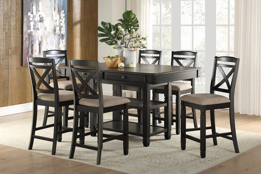 GFD Home - Transitional Style Counter Height Dining Set 7pc Table w Display Shelves Drawers and 6x Counter Height Chairs Black Finish Funiture - GreatFurnitureDeal