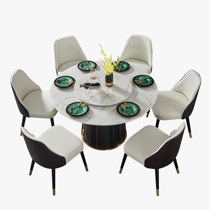 GFD Home - Modern White Round Marble Tabletop Dining Table with Lazy Susan, Black and Gold Leg, Dining Room Table, 59" - GreatFurnitureDeal