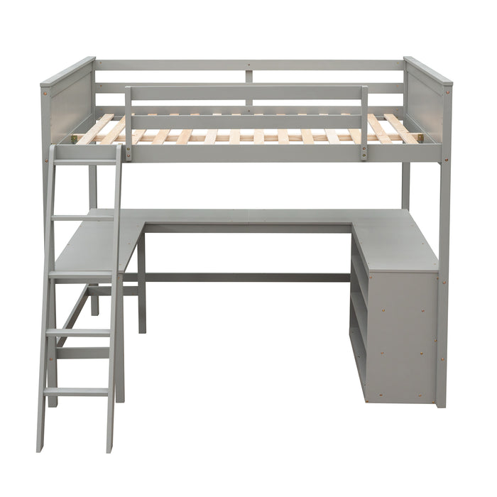 GFD Home - Full size Loft Bed with Shelves and Desk, Wooden Loft Bed with Desk - Gray - GreatFurnitureDeal