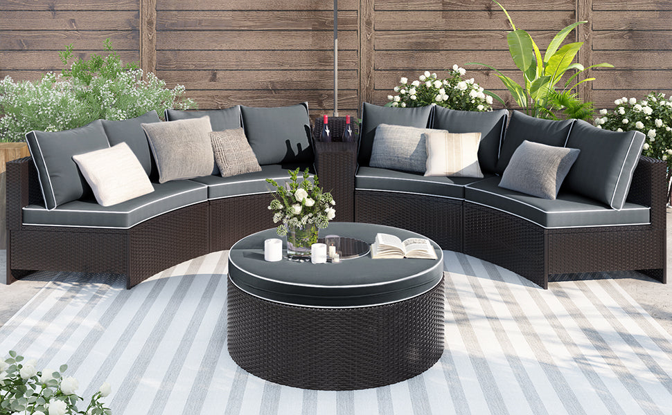 GFD Home - TOPMAX 6 Pieces Outdoor Sectional Half Round Patio Rattan Sofa Set, PE Wicker Conversation Furniture Set w/ One Storage Side Table for Umbrella and One Multifunctional Round Table, Brown+ Gray - GreatFurnitureDeal