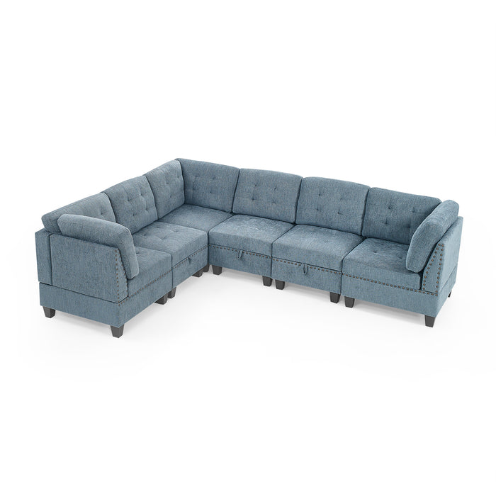 GFD Home - L shape Modular Sectional Sofa，DIY Combination，includes Three Single Chair and Three Corner ，Navy Chenille - GreatFurnitureDeal