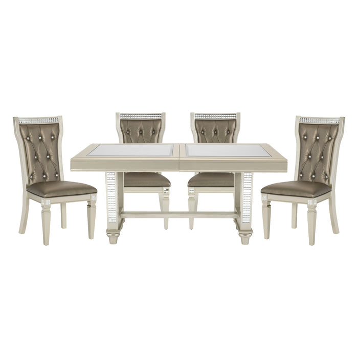 GFD Home - Glamorous Style Dining 5pc Set Champagne Finish Table w Leaf Glass Insert Top Upholstered Tufted 4x Side Chairs Traditional Dining Room Furniture - GreatFurnitureDeal