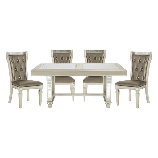 GFD Home - Glamorous Style Dining 5pc Set Champagne Finish Table w Leaf Glass Insert Top Upholstered Tufted 4x Side Chairs Traditional Dining Room Furniture - GreatFurnitureDeal