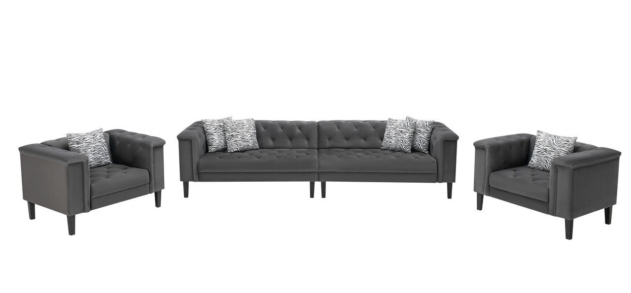 GFD Home - Mary Dark Gray Velvet Tufted Sofa 2 Chairs Living Room Set With 6 Accent Pillows - GreatFurnitureDeal