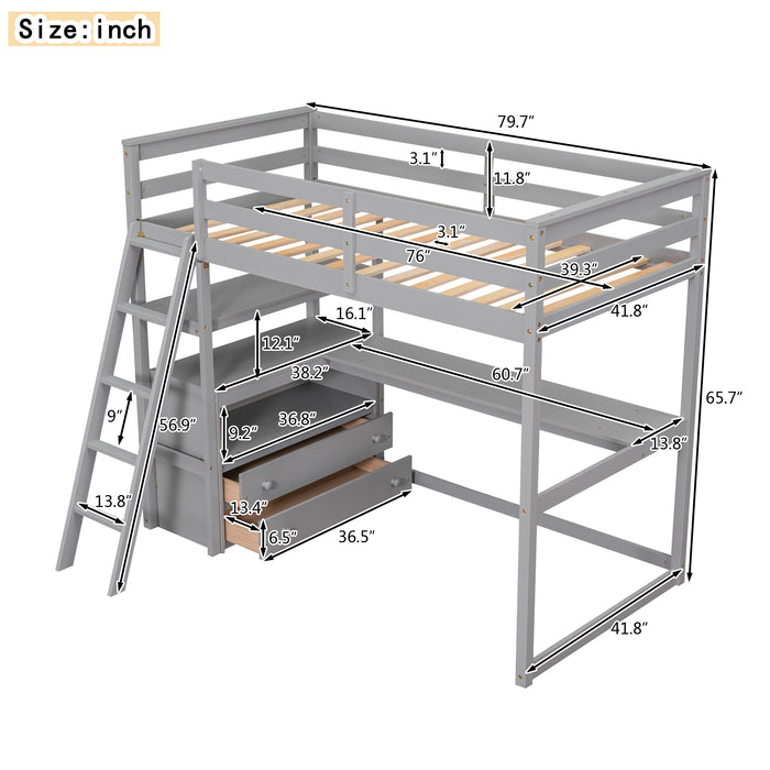 GFD Home - Twin Size Loft Bed with Desk and Shelves, Two Built-in Drawers, Gray(old SKU: GX000803AAE-1） - GreatFurnitureDeal